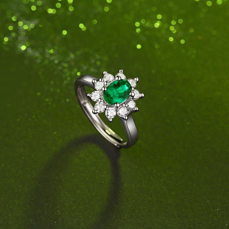 Oval Emerald Side Stone Sterling Silver Ring Size Adjustable - Image 3