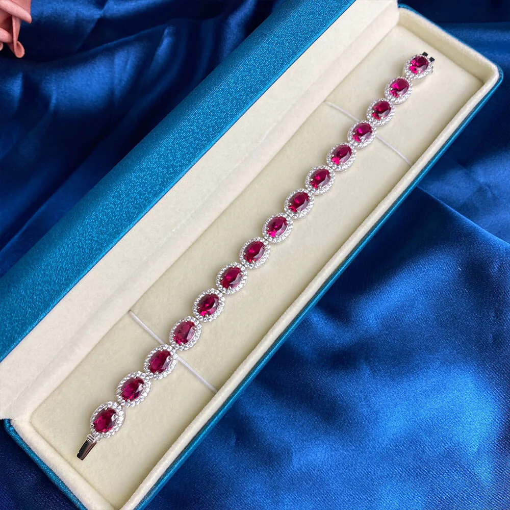 Eternity Halo Oval Ruby Sterling Silver Bracelet - Image 4
