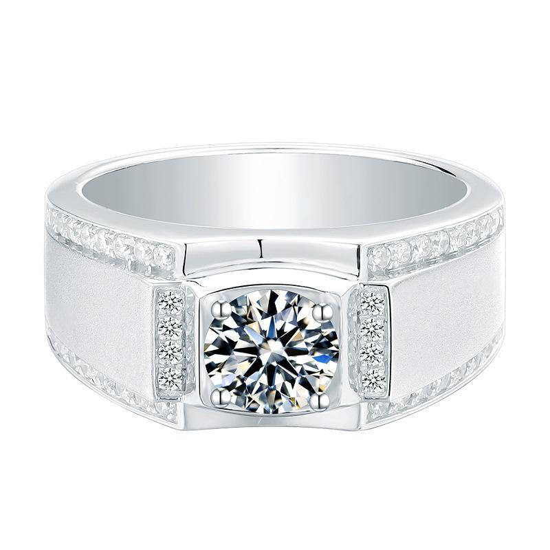 Fashion Four Prong Round Moissanite Sterling Silver Wedding Ring For Men - Image 4