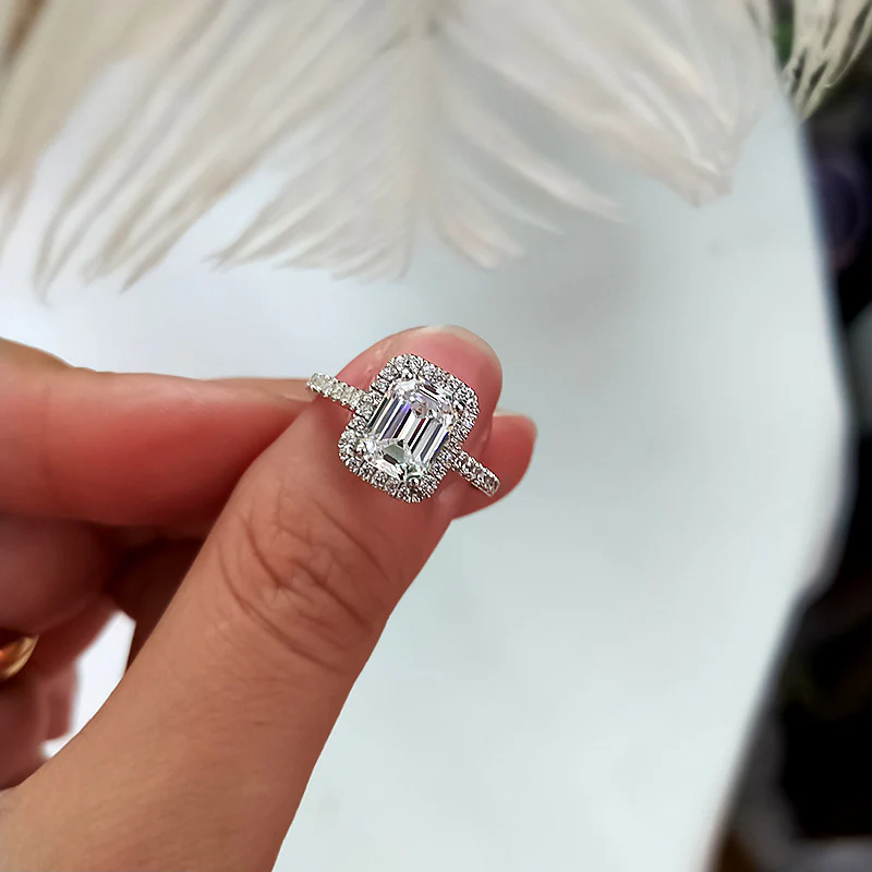 Halo Emerald Cut Moissanite Pave Sterling Silver Engagement Ring - Image 7