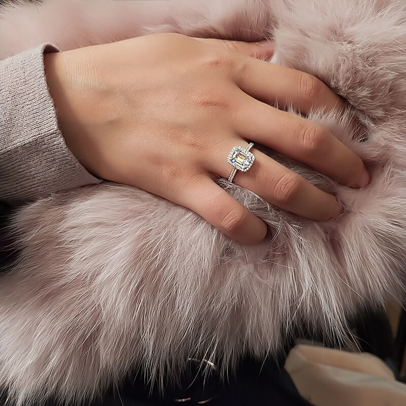 Halo Emerald Cut Moissanite Pave Sterling Silver Engagement Ring - Image 8