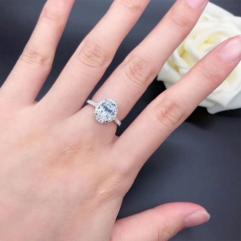 Halo Oval Cut Moissanite Pave Sterling Silver Engagement Ring - Image 8