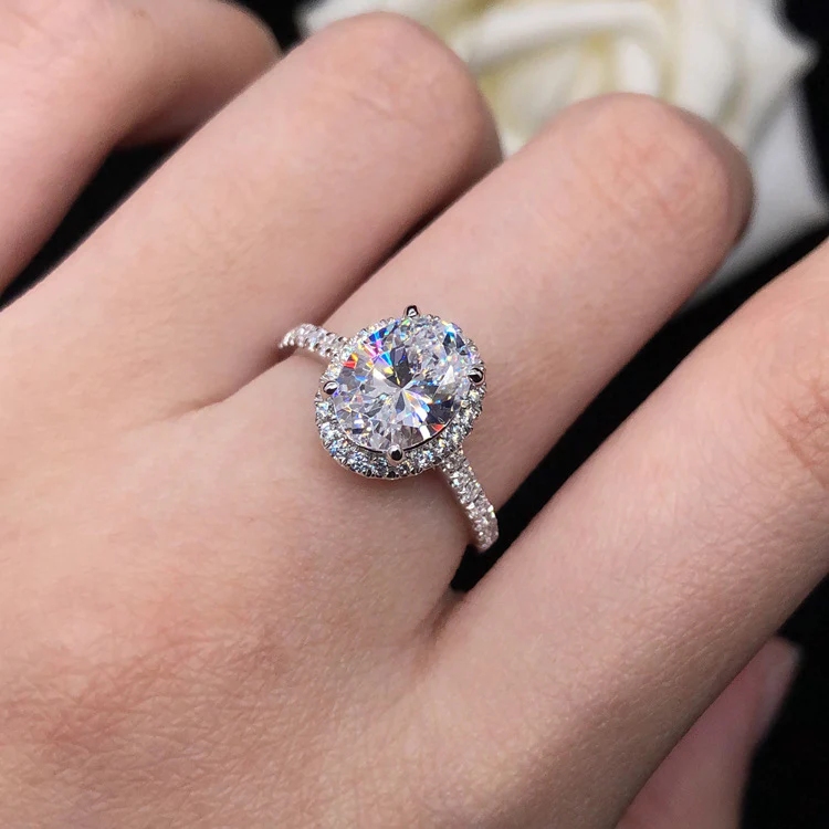 Halo Oval Cut Moissanite Pave Sterling Silver Engagement Ring - Image 9