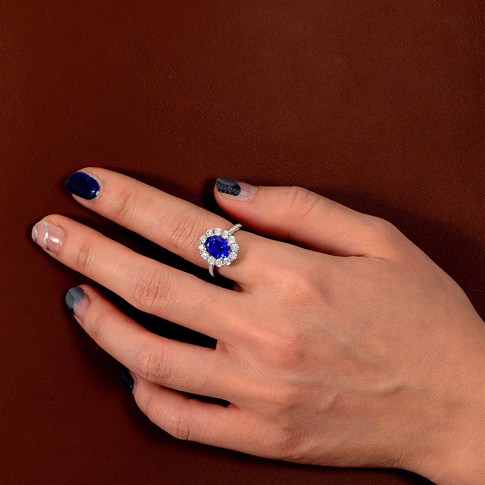 Luxury Halo Oval Sapphire Pave Sterling Silver Engagement Ring - Image 8