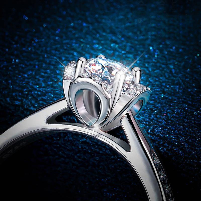 Moissanite Fashion Flower Side Stone Sterling Silver Wedding Ring - Image 7