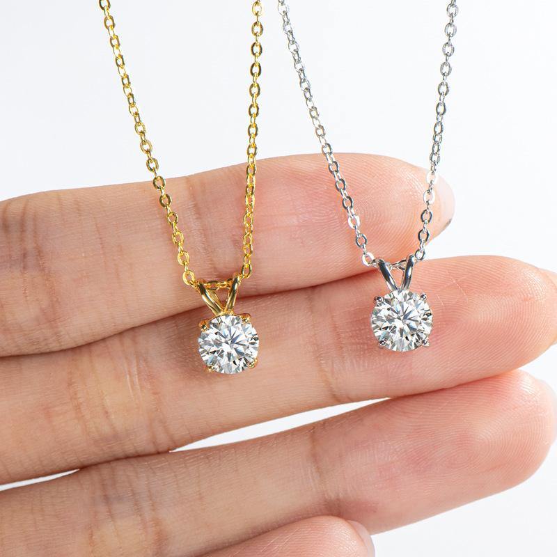 Solitaire Round Moissanite Four Prong Sterling Silver Necklace Pendant - Image 3