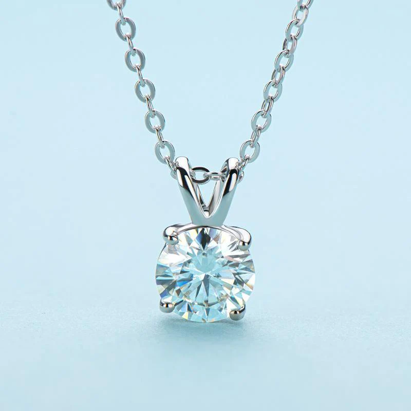 Solitaire Round Moissanite Four Prong Sterling Silver Necklace Pendant - Image 4