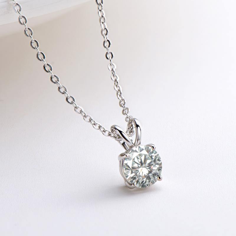 Solitaire Round Moissanite Four Prong Sterling Silver Necklace Pendant - Image 5