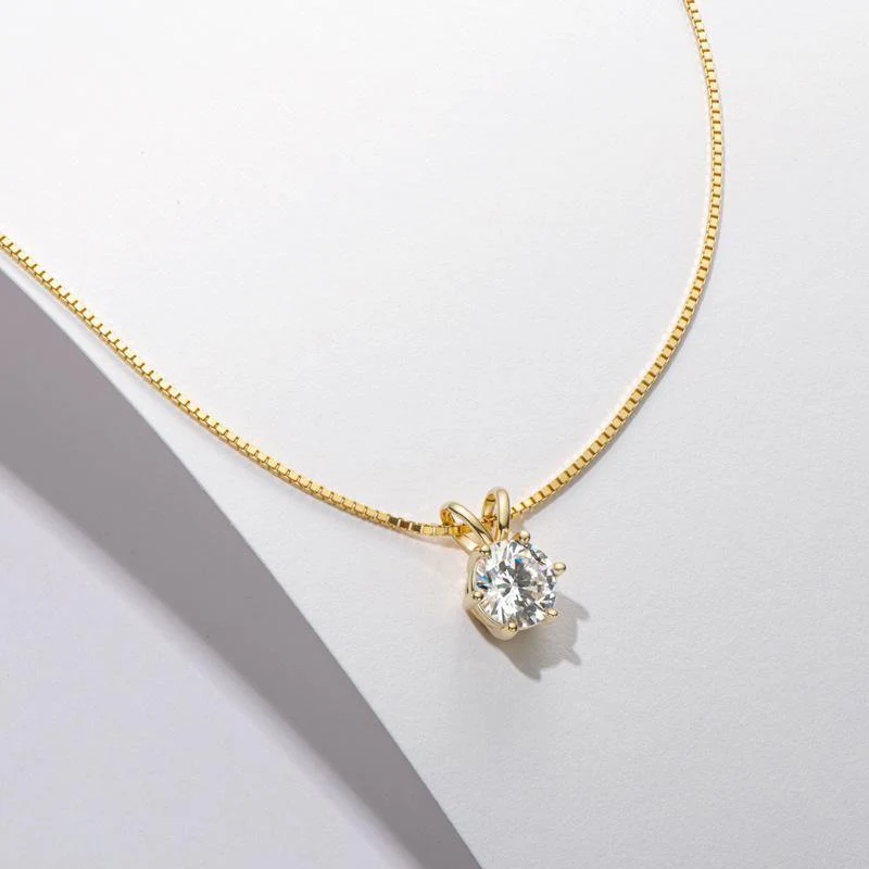 Classic Solitaire Round Moissanite Six Prong Sterling Silver Necklace Pendant - Image 3