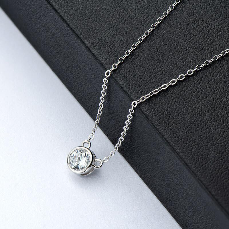 Solitaire Round Moissanite Bezel Sterling Silver Necklace Pendant - Image 9