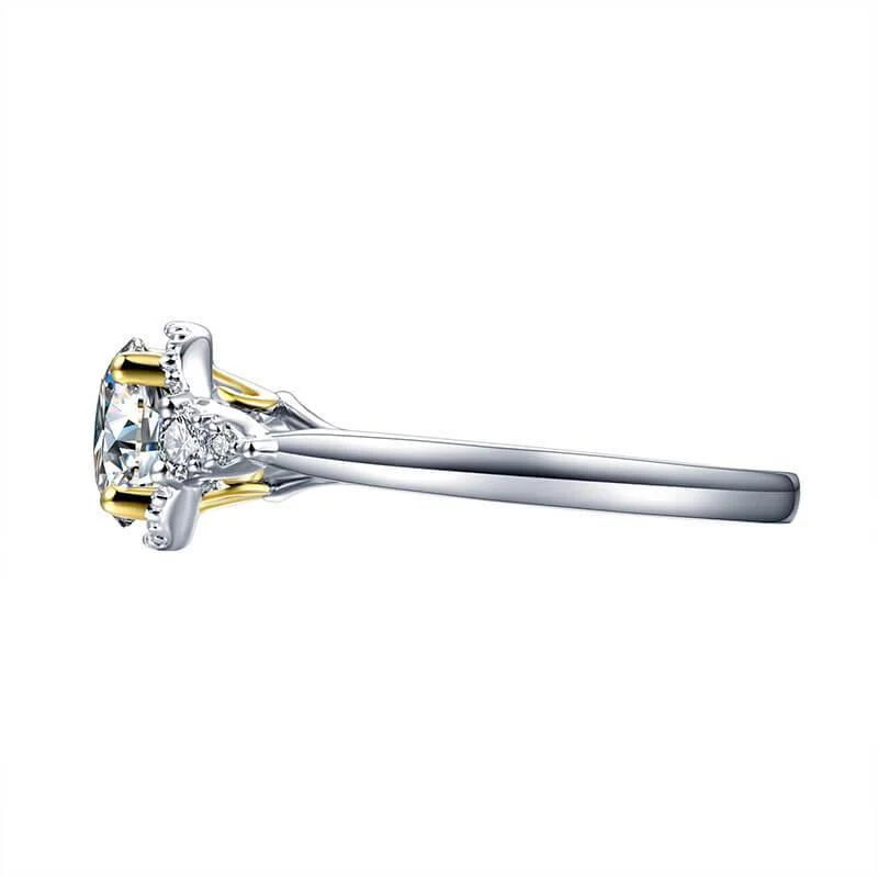 Three Stone Moissanite Two Tone Halo Sterling Silver Ring - Image 9