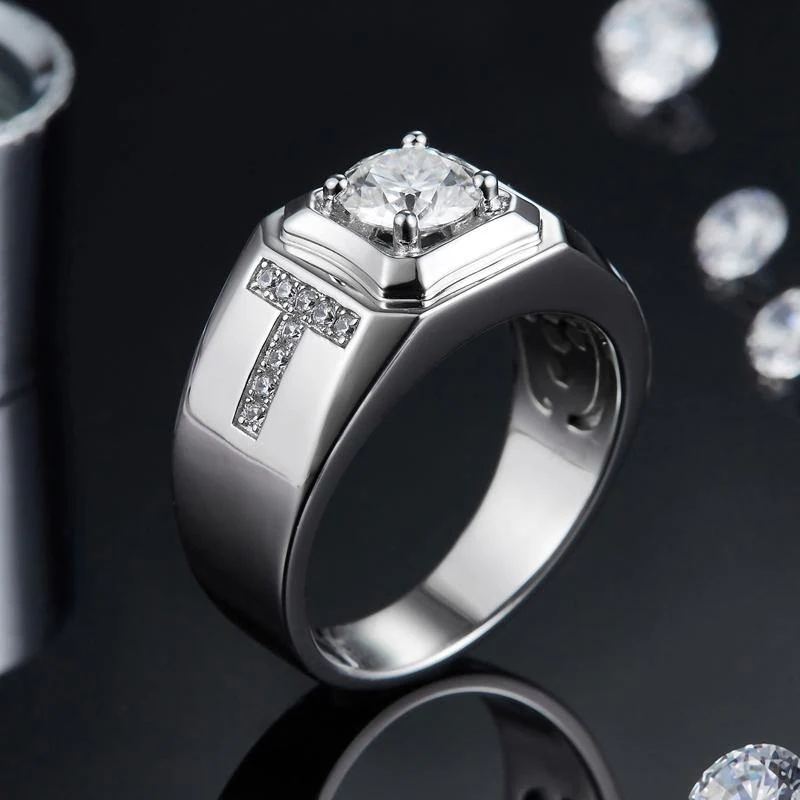 Moissanite T-shaped sterling silver wedding ring for men - Image 5